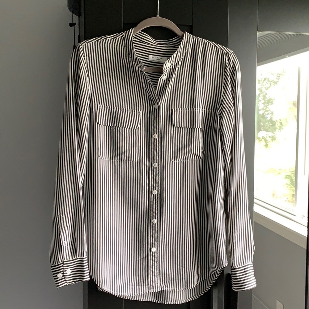 Equipment black and white striped silk shirt